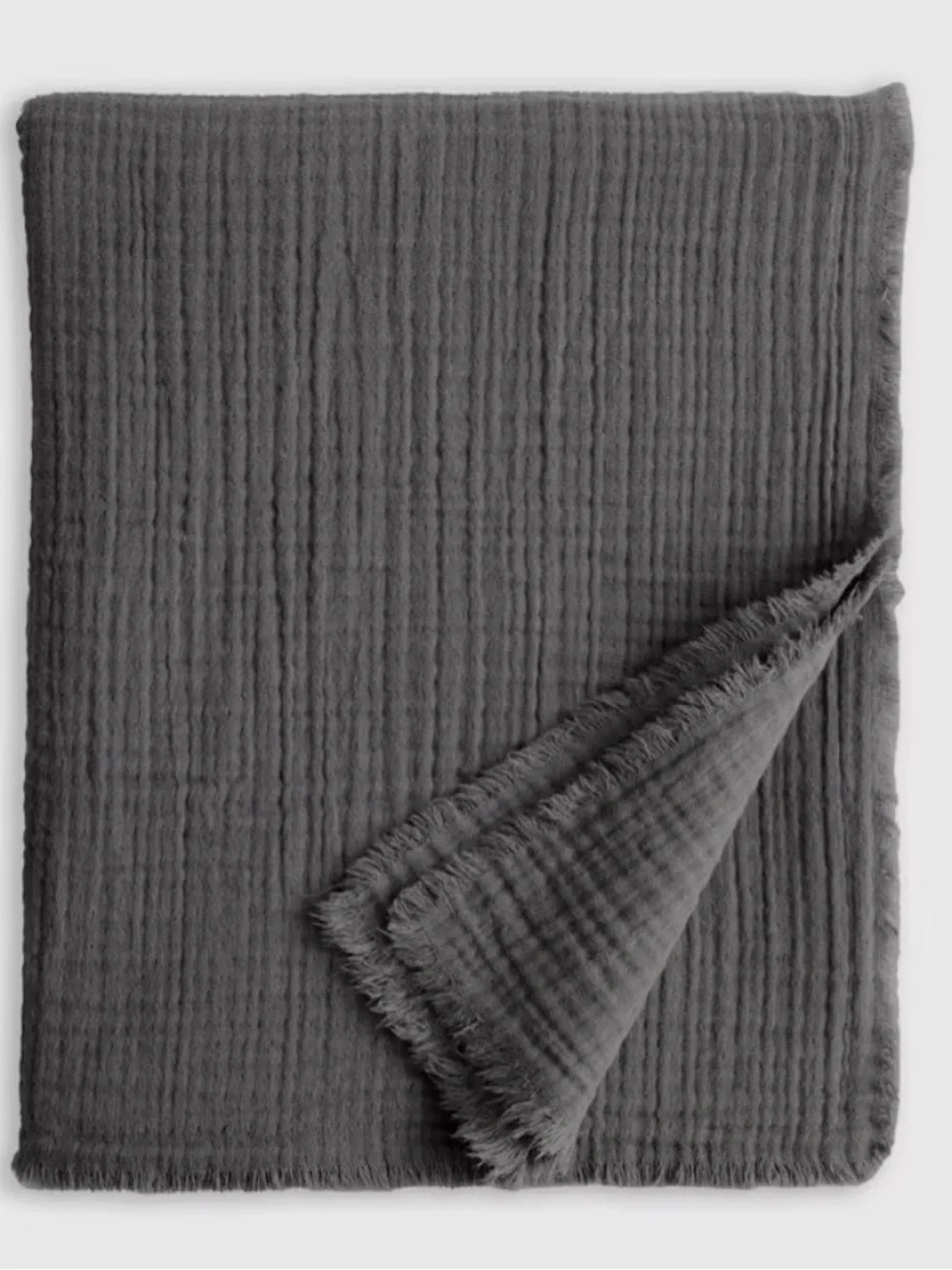Organic Cotton Gauze Frayed Throw Blanket Charcoal Gray